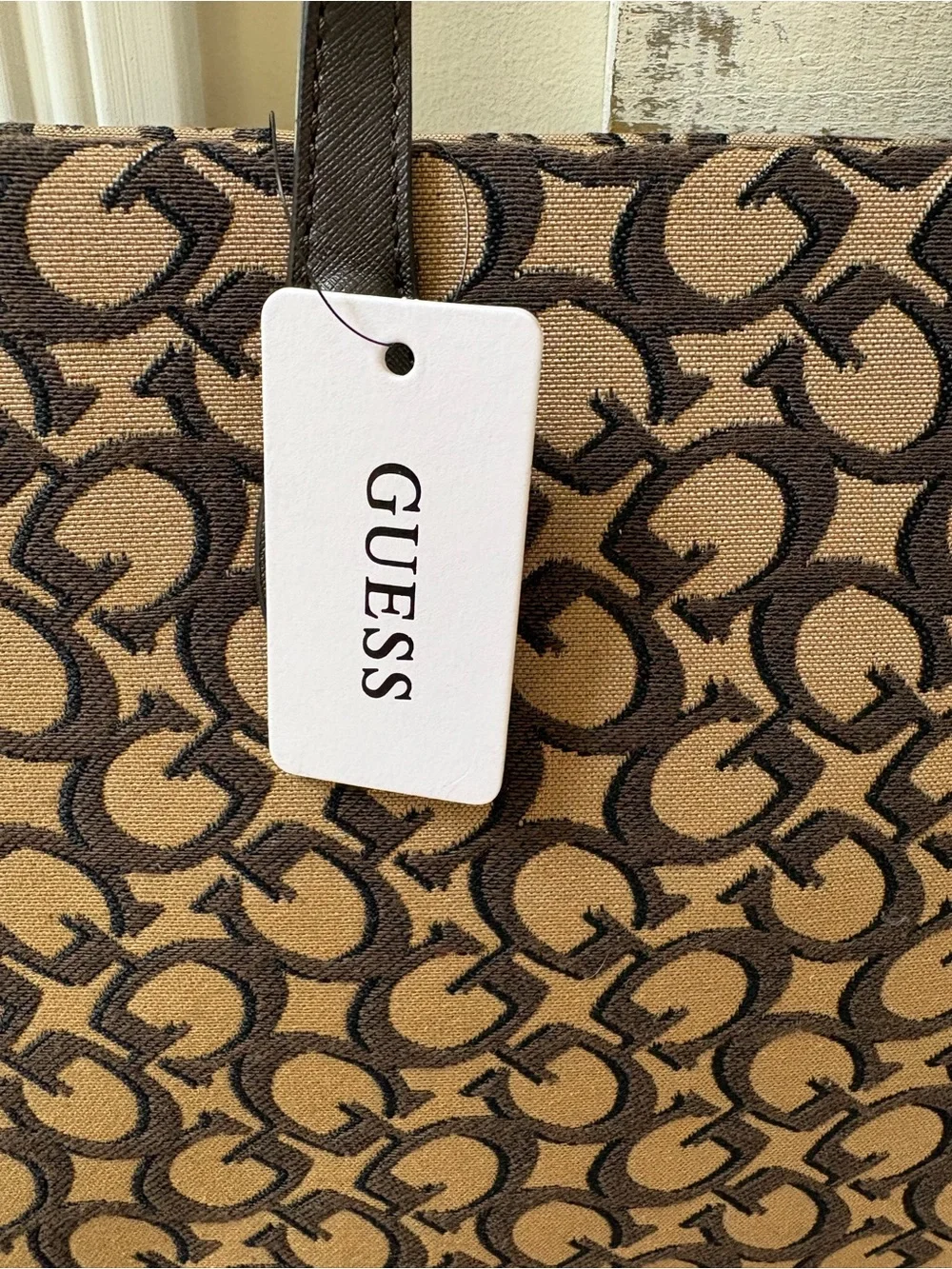 GUESS Brown Logo Jacquard Tote with Dark Brown Trim